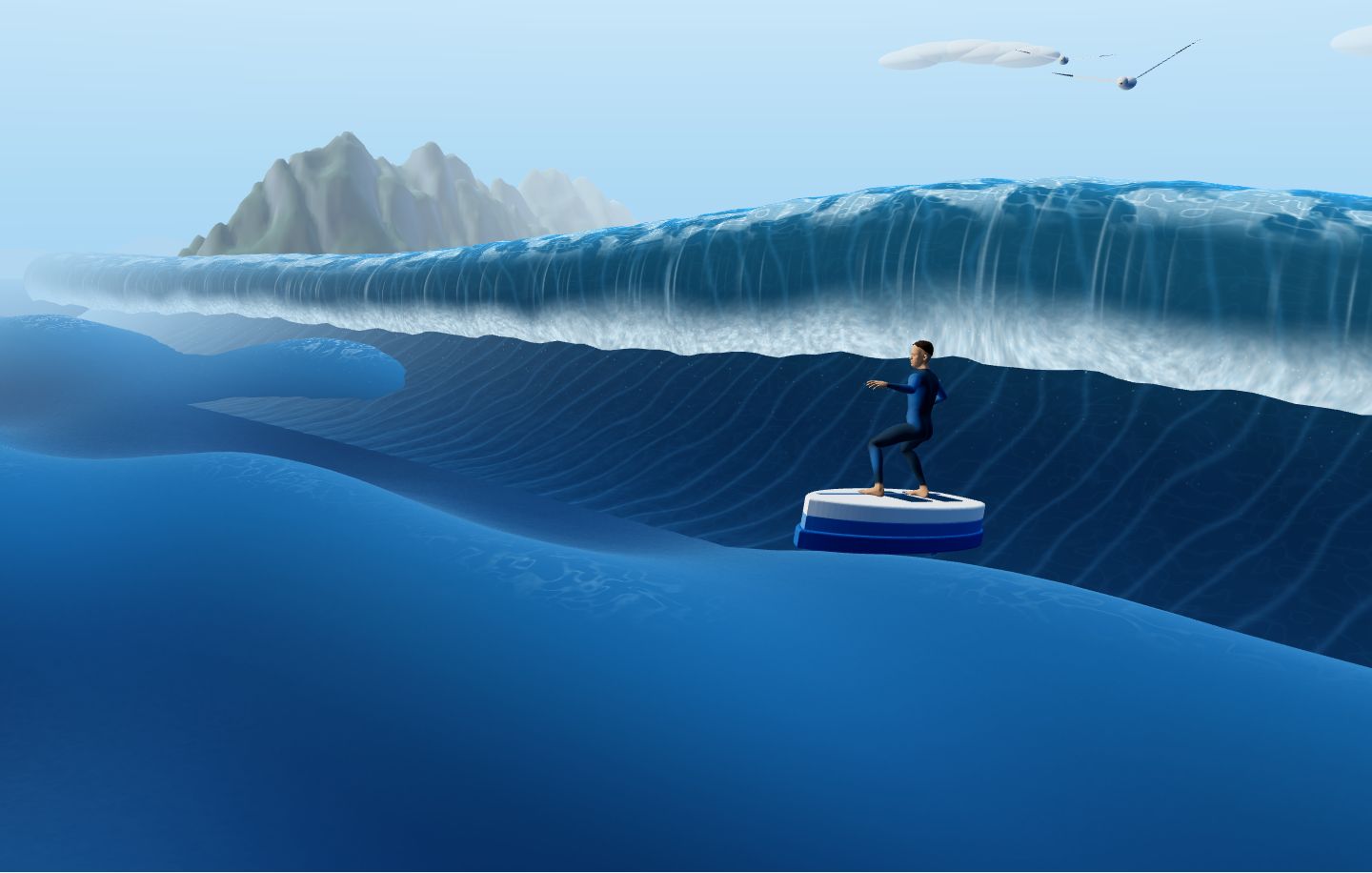 Illustration einer blauen Welle mit Surfbrett