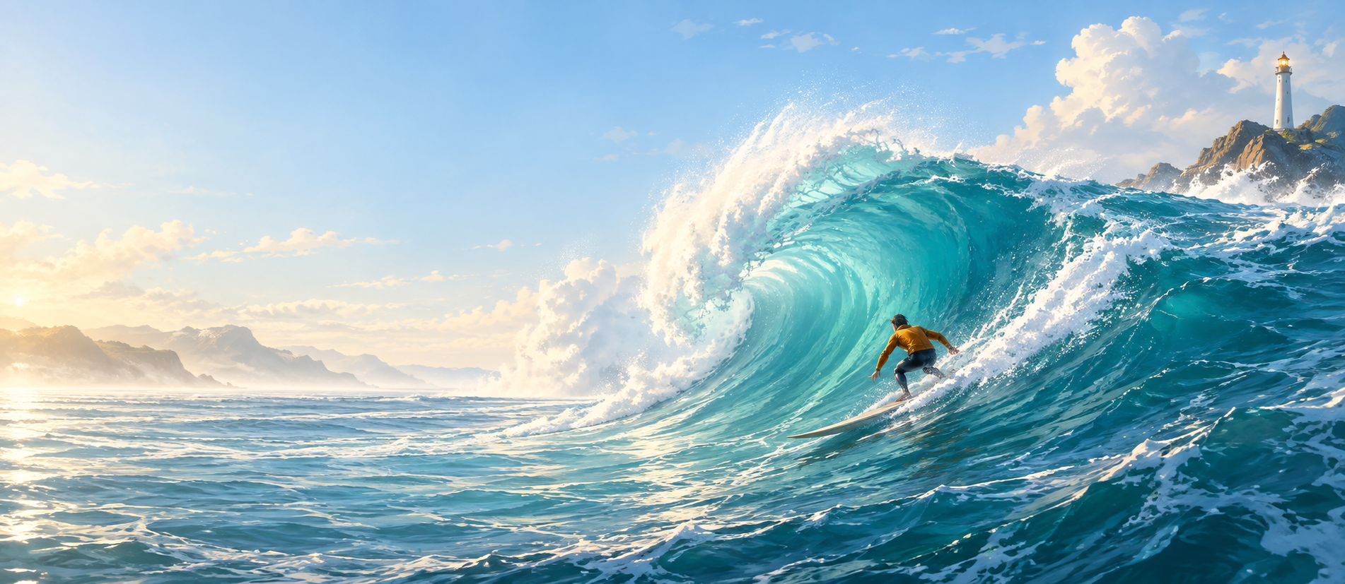 Ein Surfer auf einer blauen Welle
